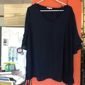 Short sleeve navy blue v neck blouse